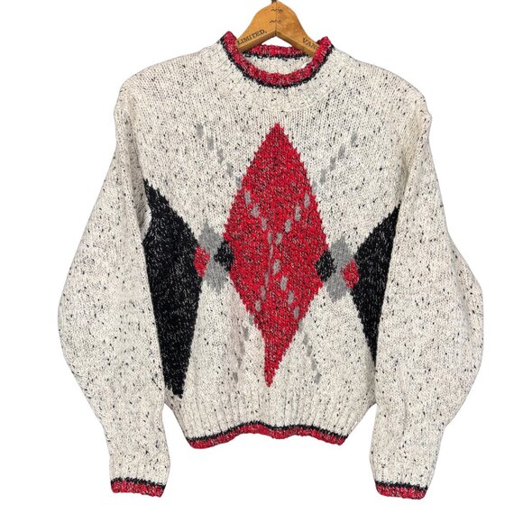 Vintage 90s Chunky Argyle Speckled Knit Sweater – Cotton Ramie Blend, Festive - Picture 2 of 8